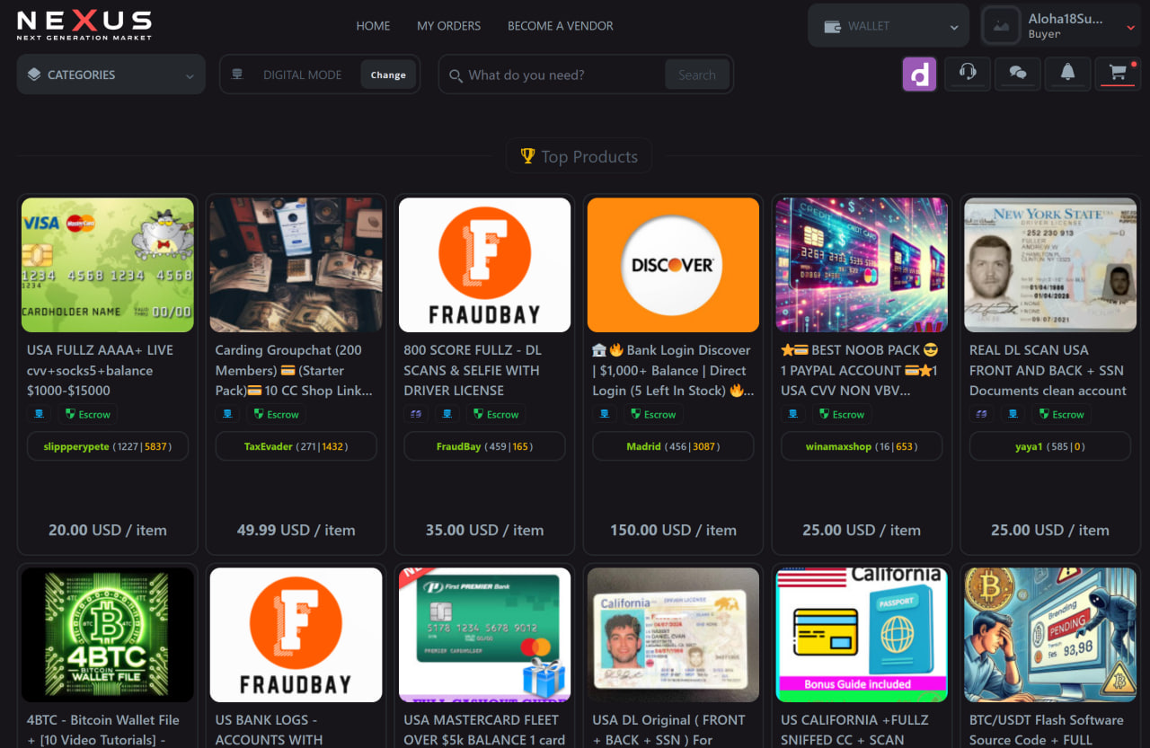 Screenshot of the Nexus Marketplace interface showing various product categories and security features