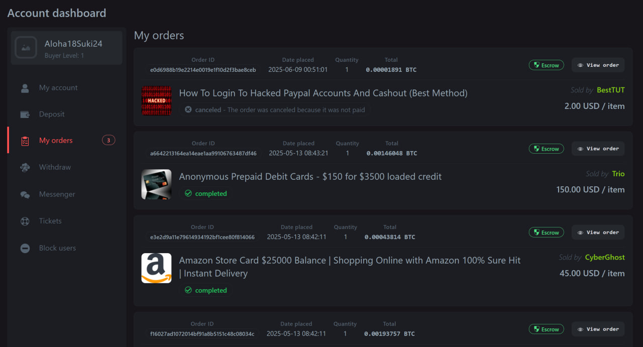Nexus Darknet Market vendor dashboard showing sales analytics, order management, and customer feedback